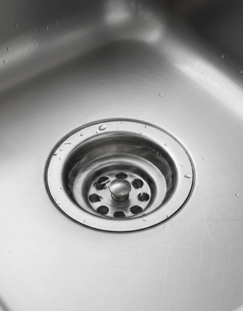 Kitchen sink with clear water slowly draining, indicating a partial clog in the pipes.