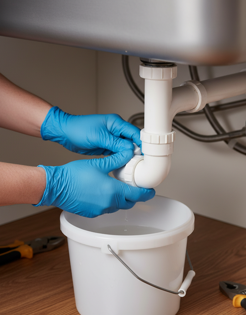 Homeowner under kitchen sink, removing P-trap to clear a slow drain with a bucket underneath.