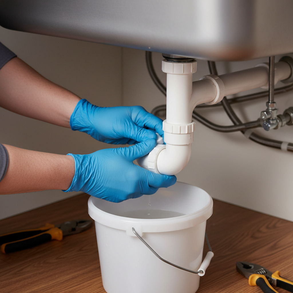 Homeowner under kitchen sink, removing P-trap to clear a slow drain with a bucket underneath.
