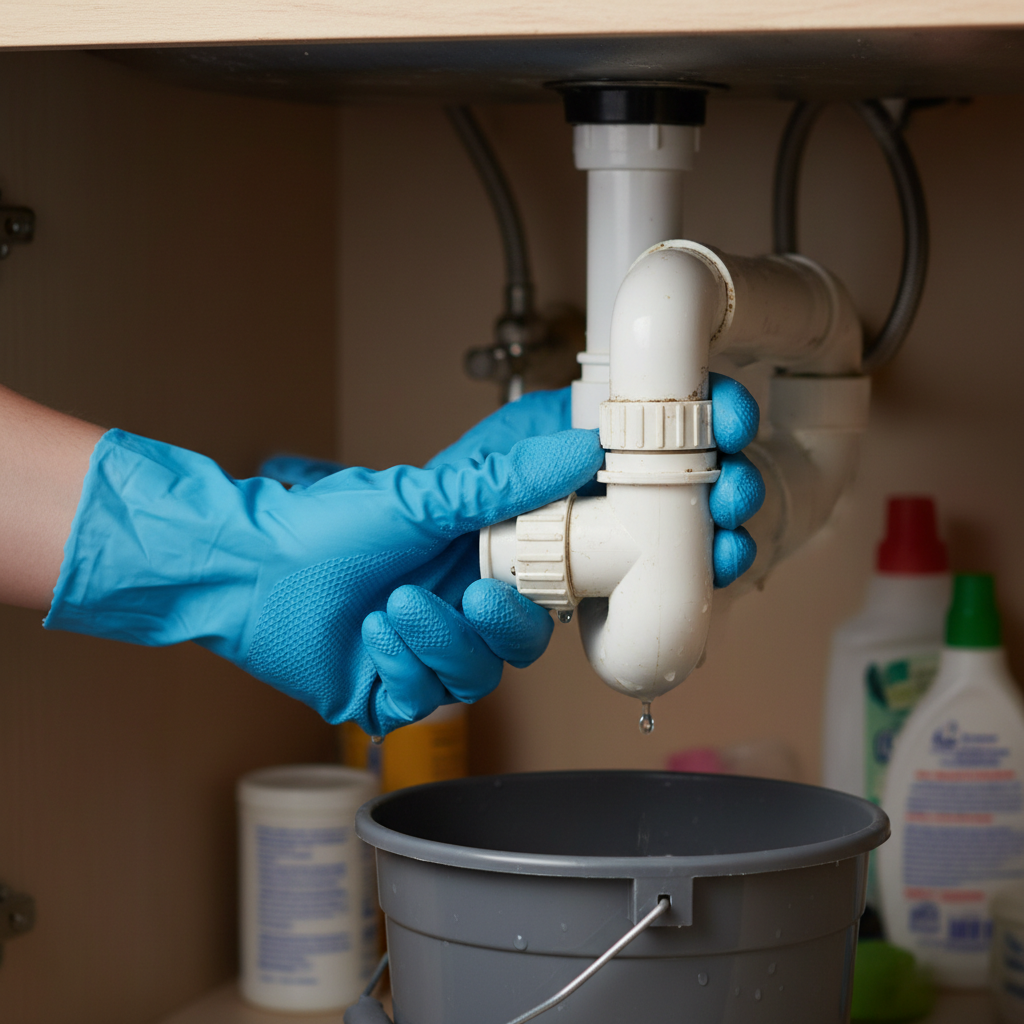 Homeowner in blue gloves unscrewing P-trap under a kitchen sink with a bucket below.