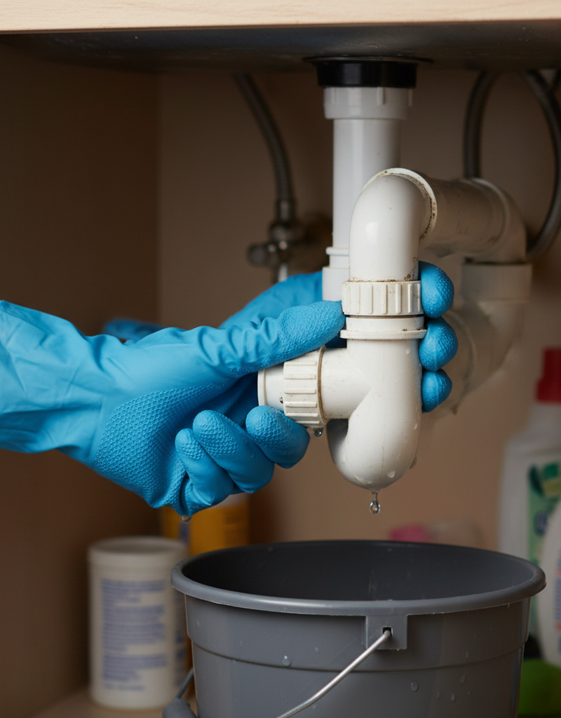 Homeowner in blue gloves unscrewing P-trap under a kitchen sink with a bucket below.