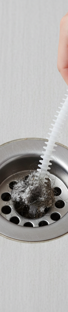 Hand inserting a plastic drain snake into a shower drain to clear a clog.