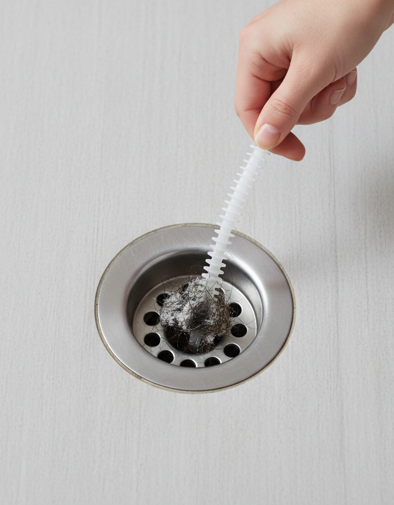 Hand inserting a plastic drain snake into a shower drain to clear a clog.