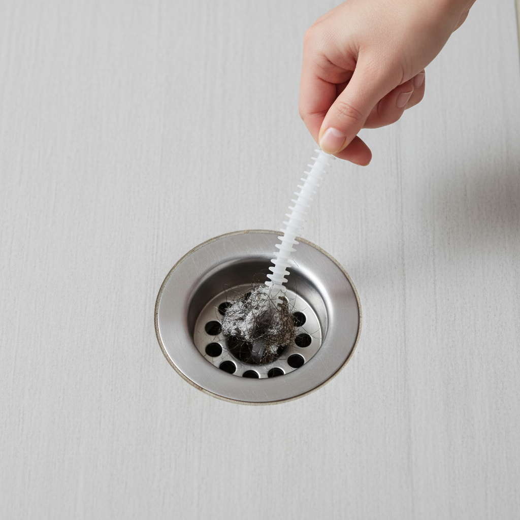 Hand inserting a plastic drain snake into a shower drain to clear a clog.