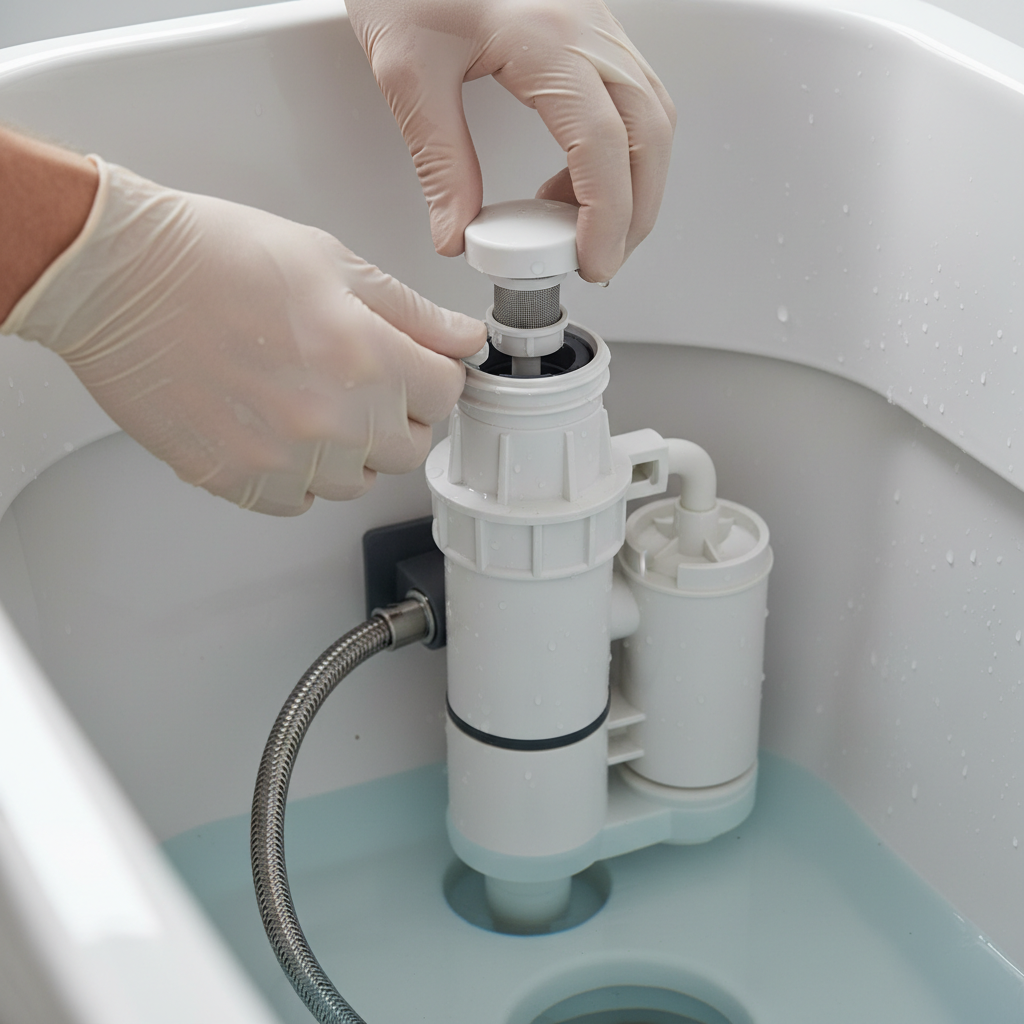 Homeowner's hands cleaning a clogged fill valve filter inside a toilet tank to fix a slow fill.