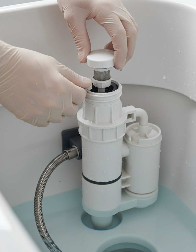 Homeowner's hands cleaning a clogged fill valve filter inside a toilet tank to fix a slow fill.