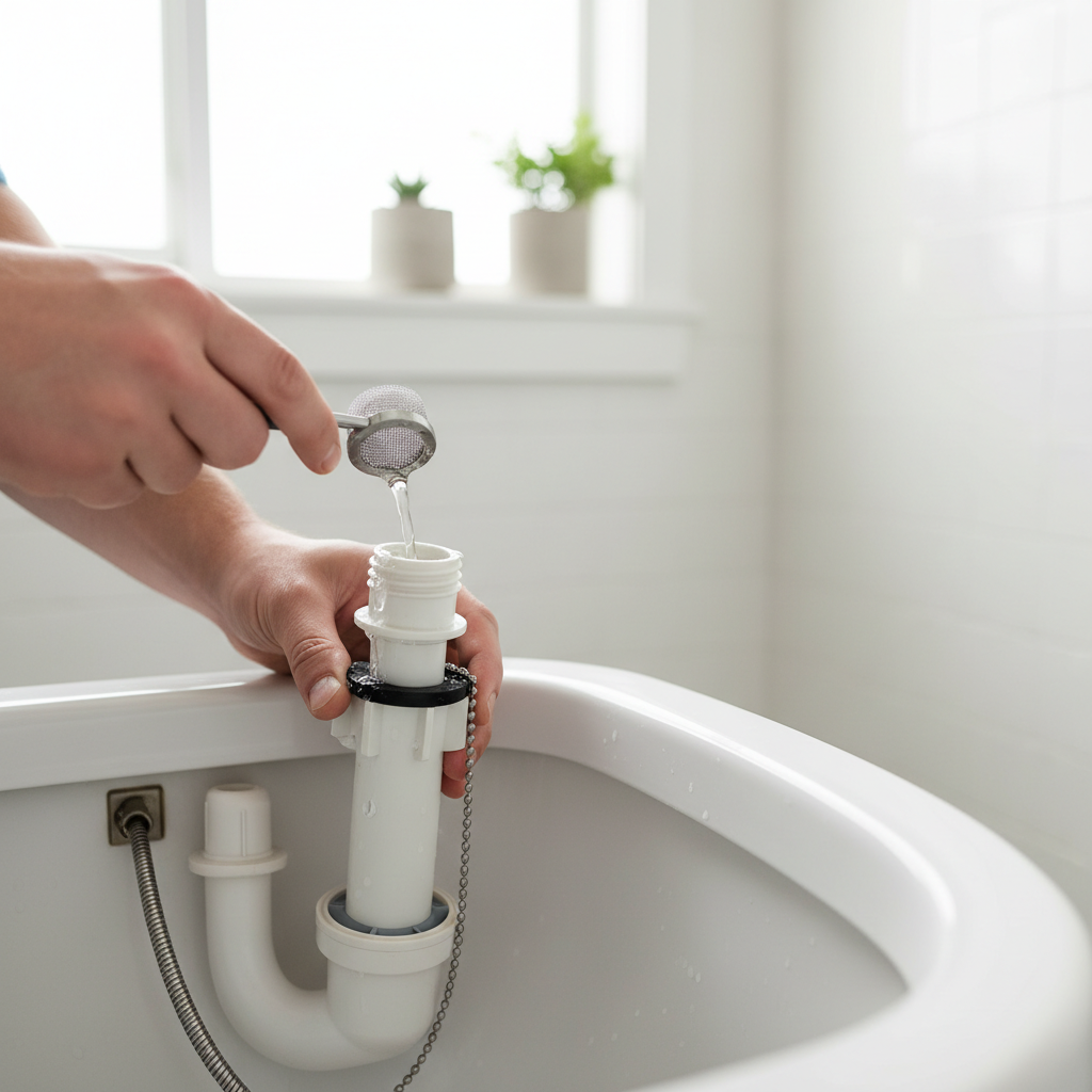 Homeowner cleaning a clogged filter screen from a toilet fill valve to fix slow filling.