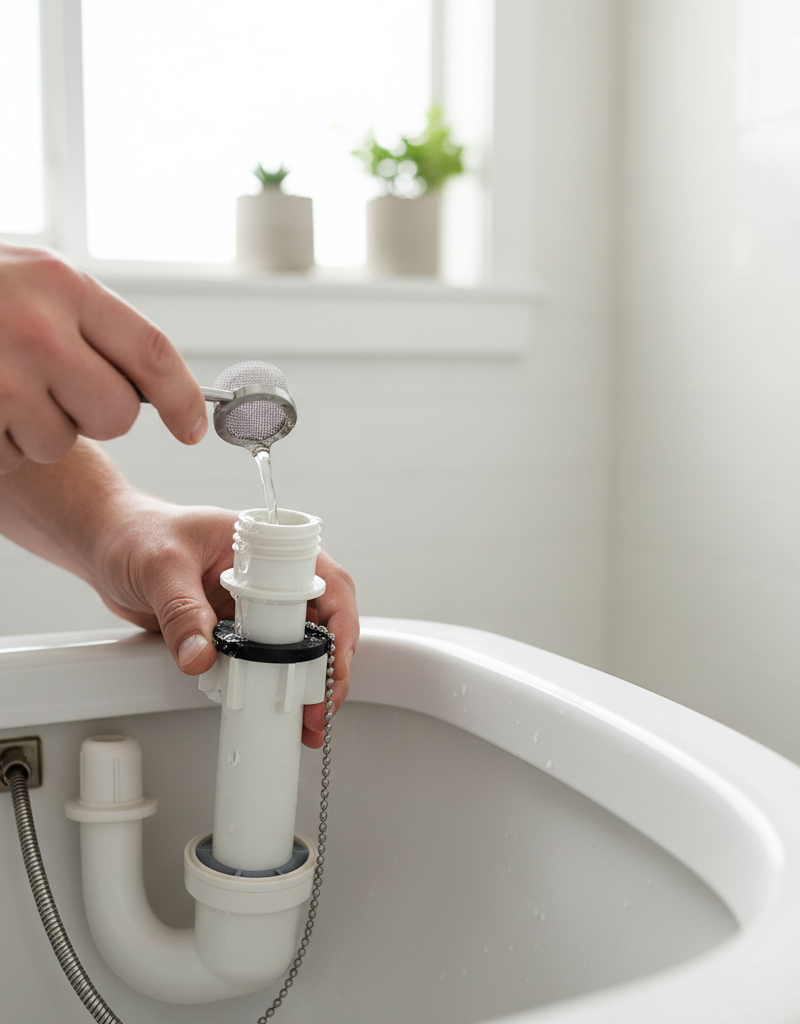 Homeowner cleaning a clogged filter screen from a toilet fill valve to fix slow filling.