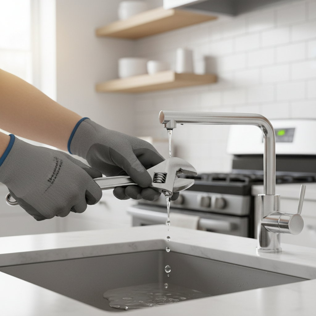 Homeowner's hands fixing a dripping kitchen faucet, water drops visible