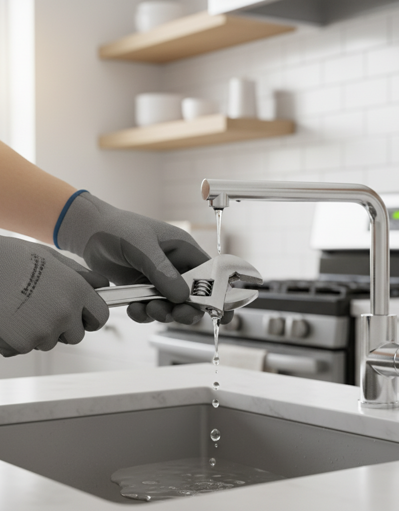 Homeowner's hands fixing a dripping kitchen faucet, water drops visible