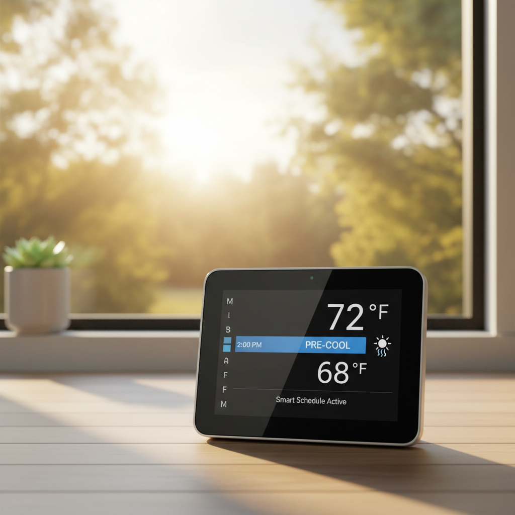 Smart thermostat displaying a pre-cooling schedule for off-peak energy savings during summer