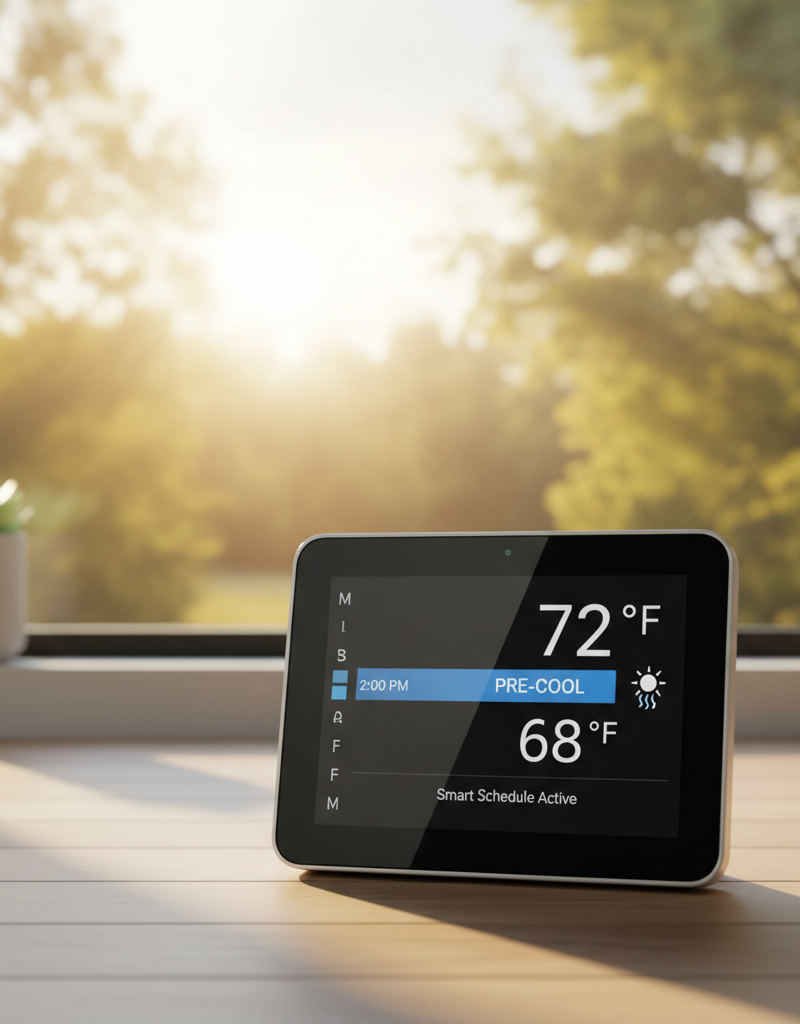 Smart thermostat displaying a pre-cooling schedule for off-peak energy savings during summer