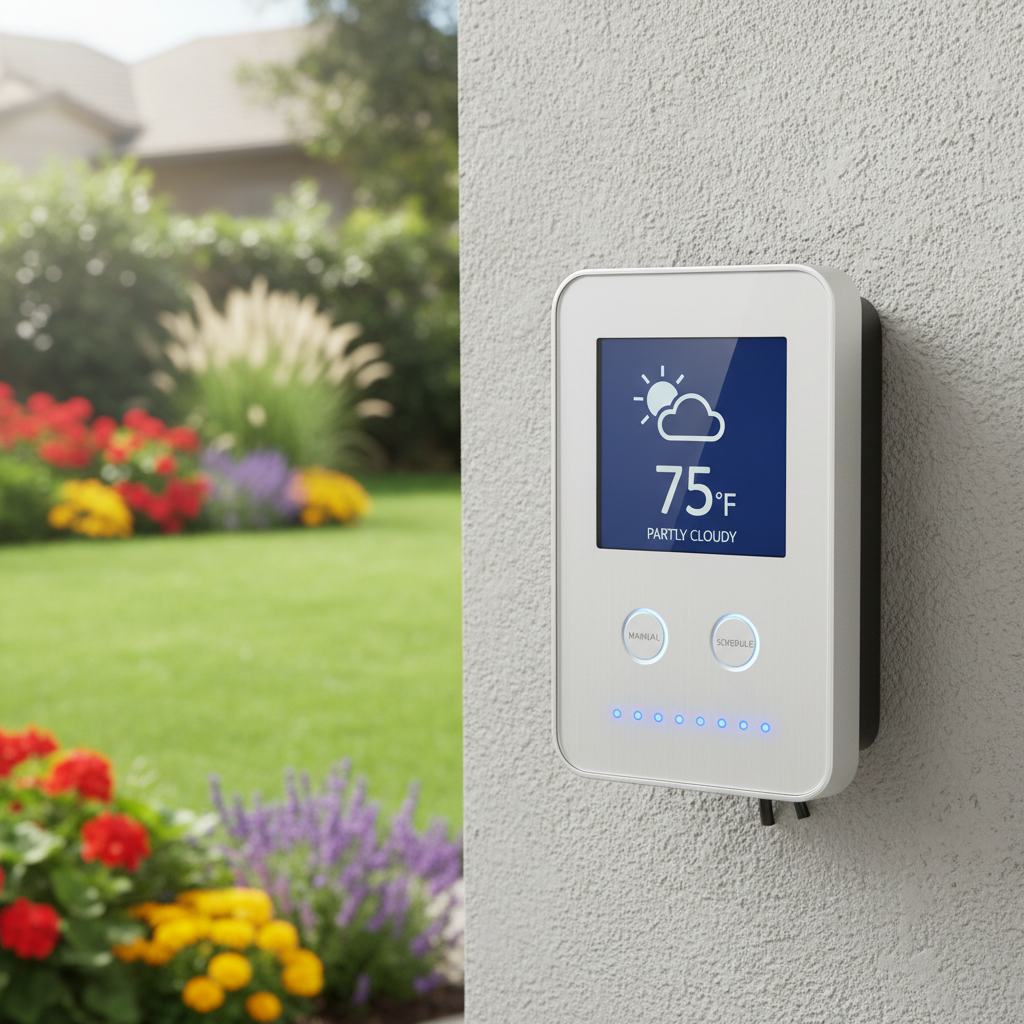 A modern smart sprinkler controller mounted on a wall with a lush green lawn in the background.
