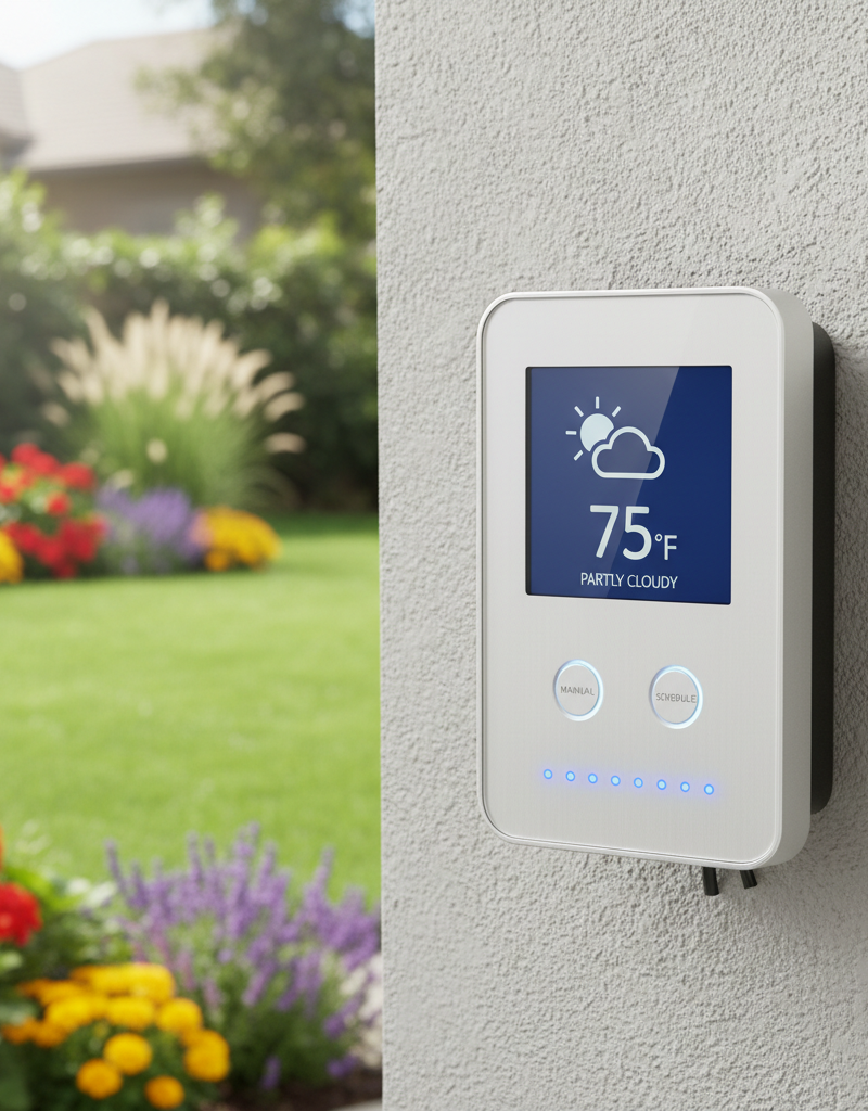 A modern smart sprinkler controller mounted on a wall with a lush green lawn in the background.