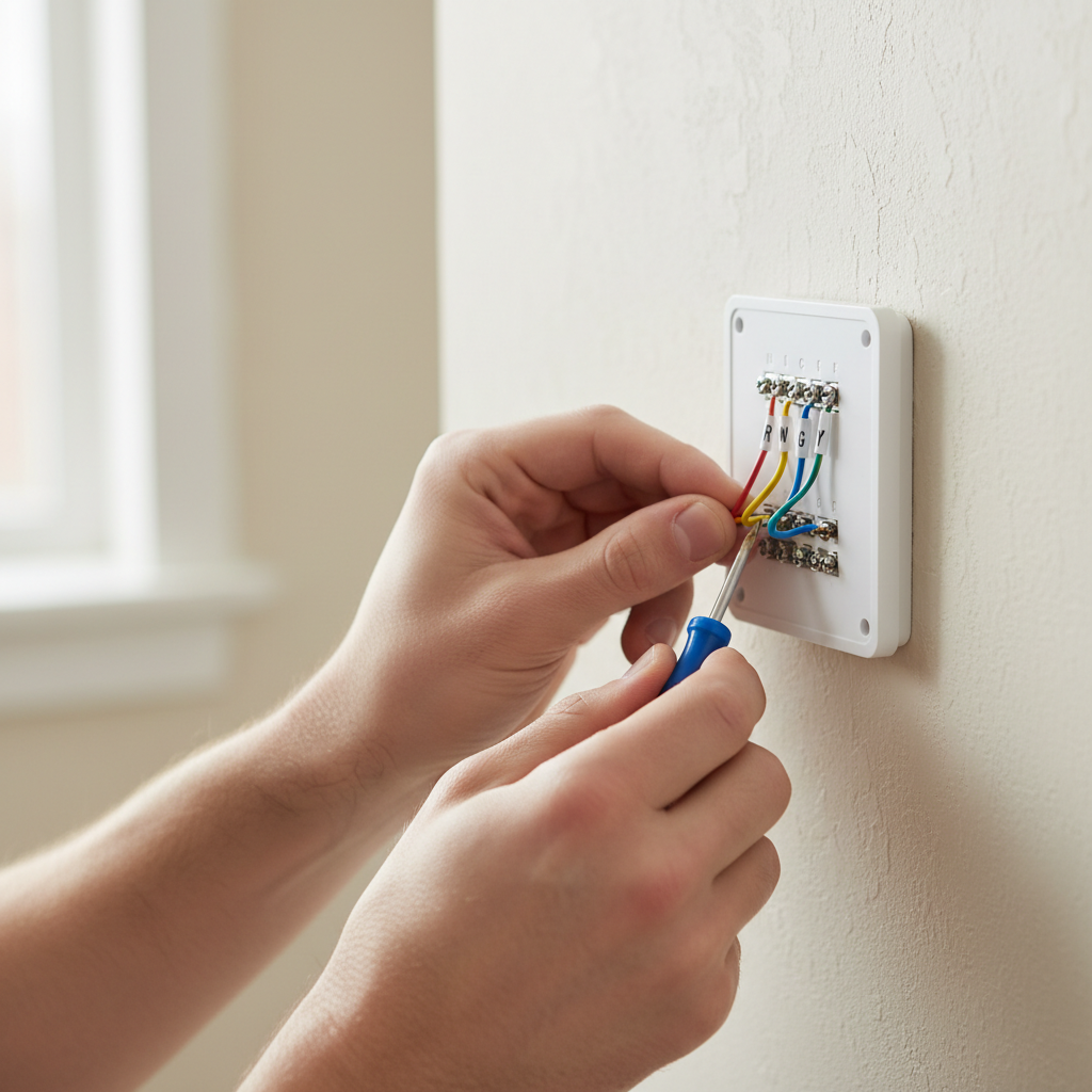 Homeowner connecting color-coded wires to a smart thermostat's backplate on the wall.