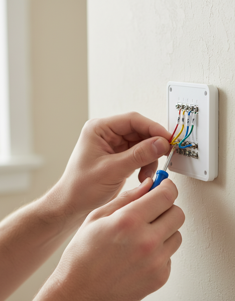 Homeowner connecting color-coded wires to a smart thermostat's backplate on the wall.