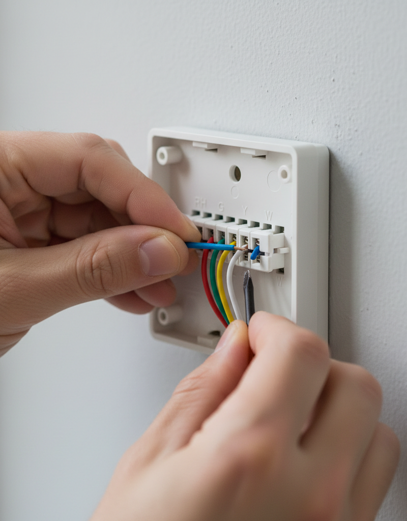 Homeowner connecting C-wire to smart thermostat during installation