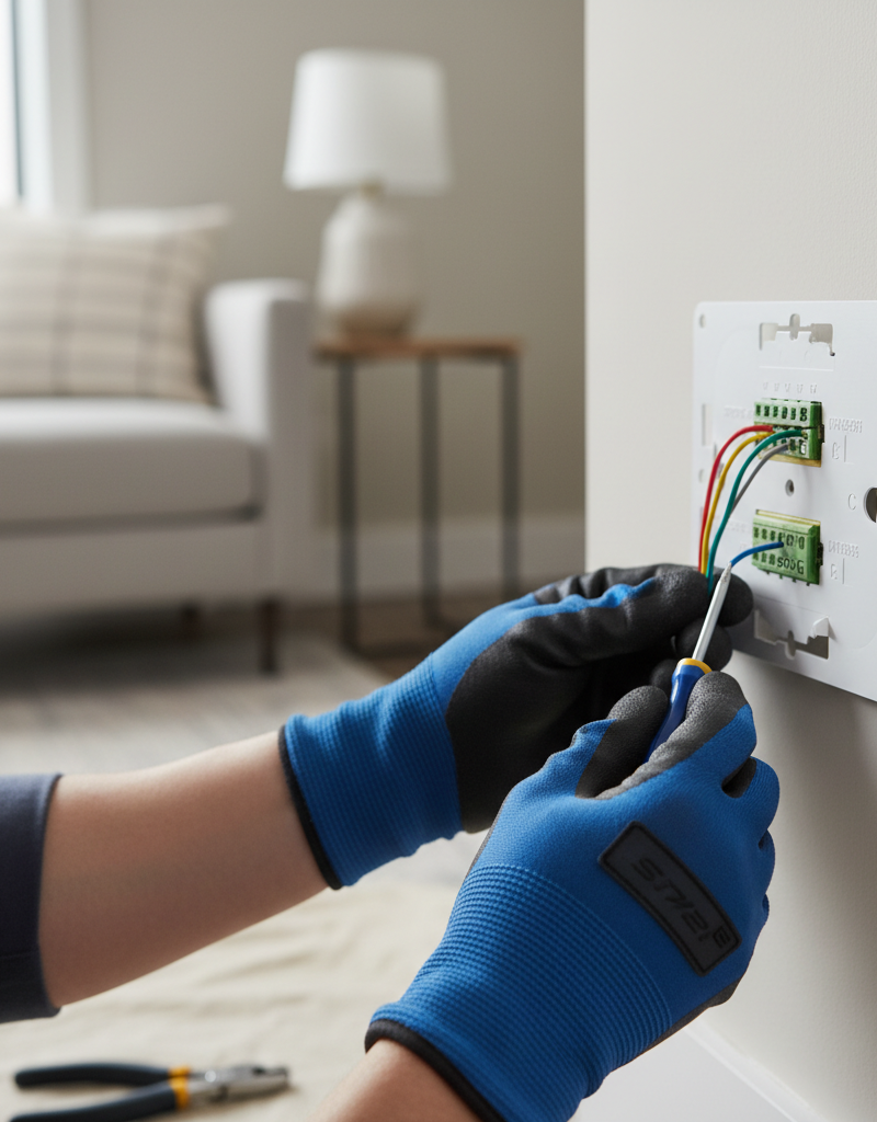 Homeowner connecting a blue C-wire to a smart thermostat's common terminal during installation.