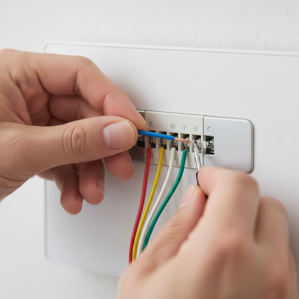Homeowner connecting a c-wire to a smart thermostat for continuous power