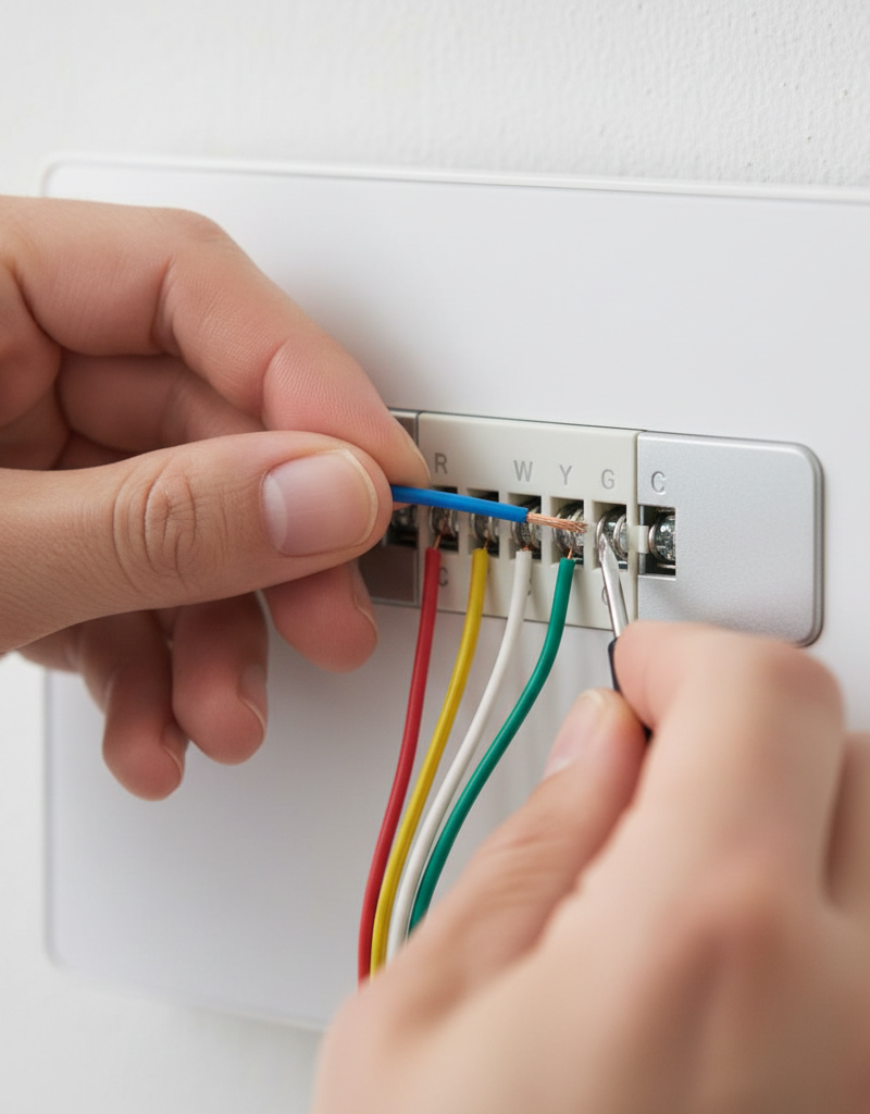 Homeowner connecting a c-wire to a smart thermostat for continuous power