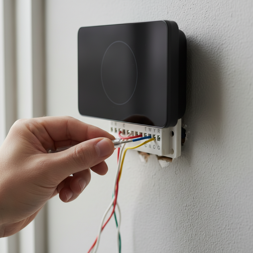 Hand connecting a C-wire to a smart thermostat baseplate, highlighting proper electrical wiring for smart home device.
