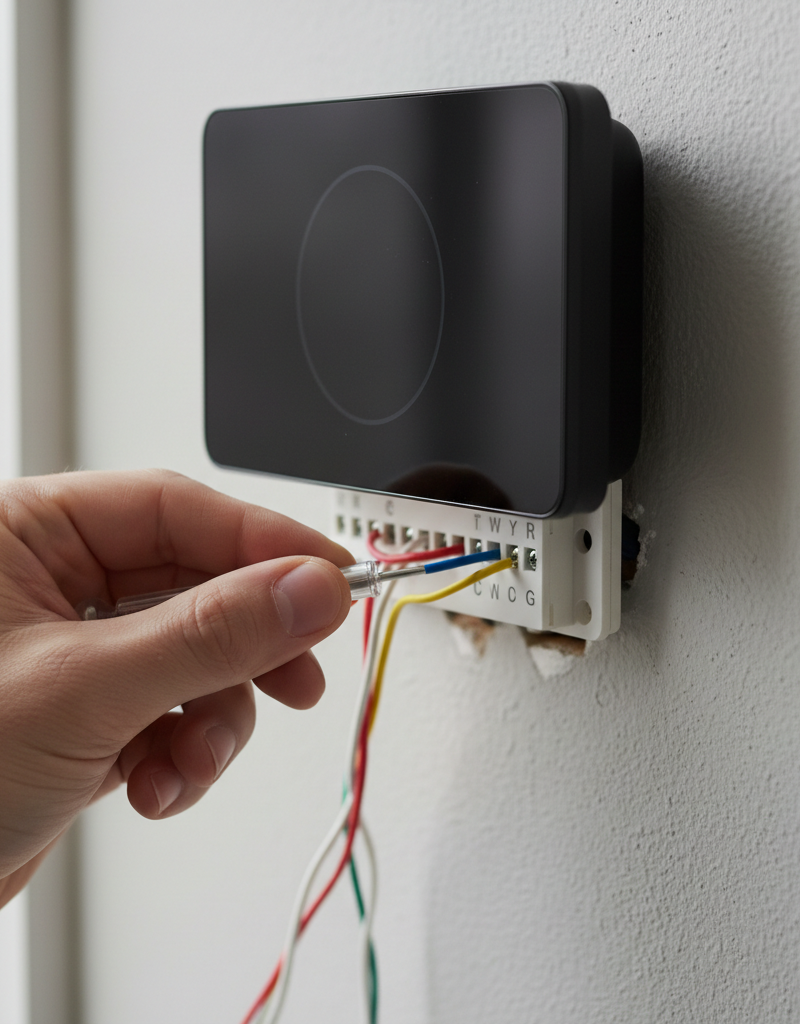 Hand connecting a C-wire to a smart thermostat baseplate, highlighting proper electrical wiring for smart home device.