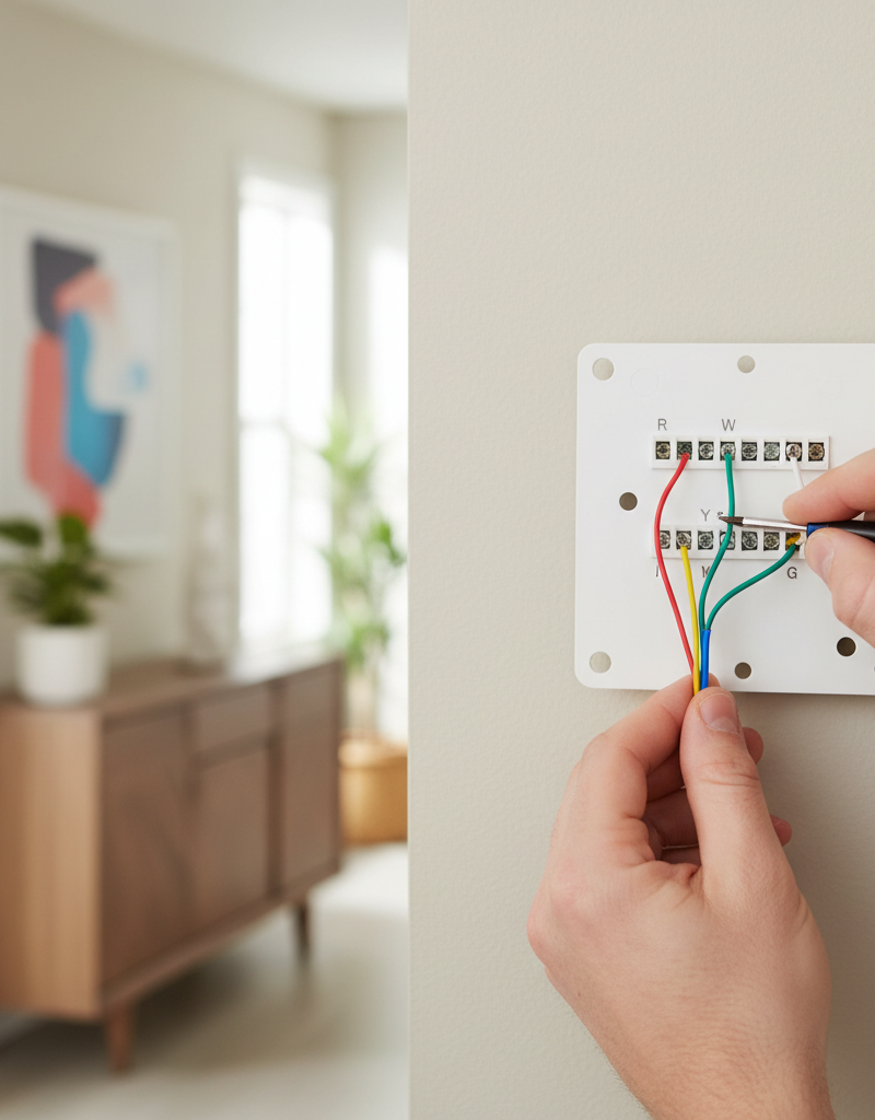 Homeowner connecting a blue common wire (C-wire) to a smart thermostat during installation, surrounded by other colored HVAC wires.