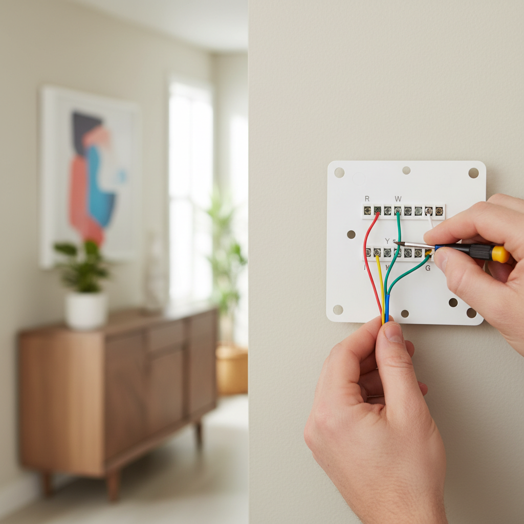 Homeowner connecting a blue common wire (C-wire) to a smart thermostat during installation, surrounded by other colored HVAC wires.