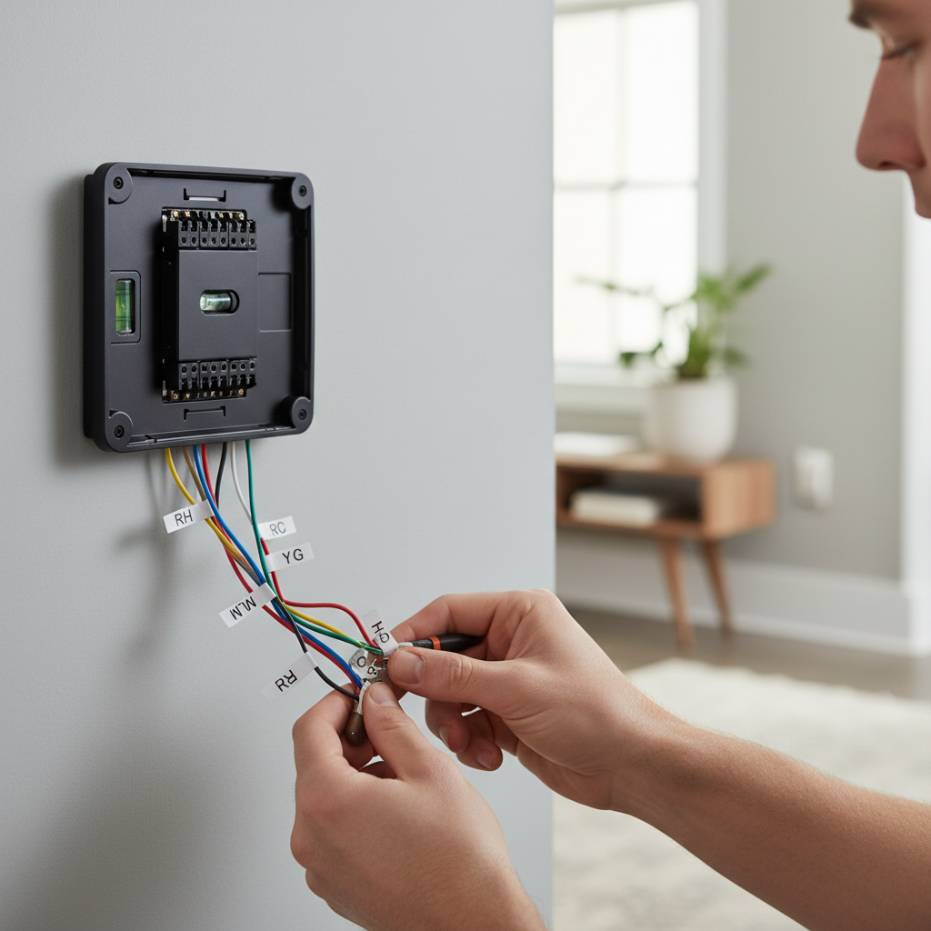Homeowner carefully labeling thermostat wires during smart thermostat installation