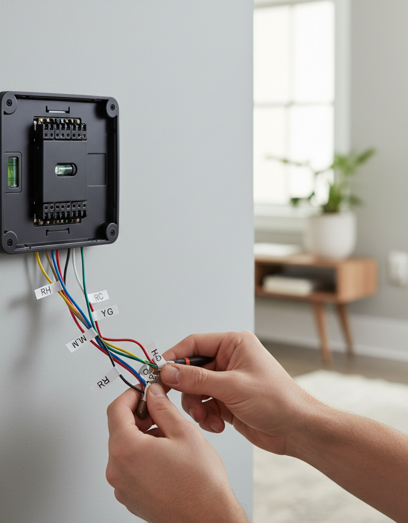 Homeowner carefully labeling thermostat wires during smart thermostat installation