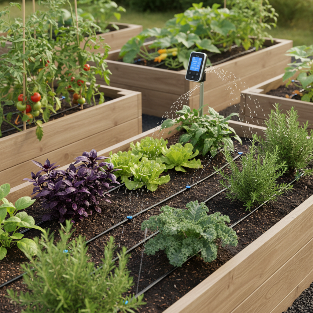 Smart watering system with drip lines in a lush raised garden bed.