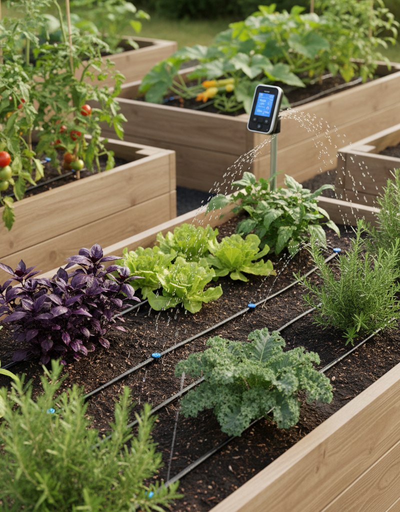 Smart watering system with drip lines in a lush raised garden bed.