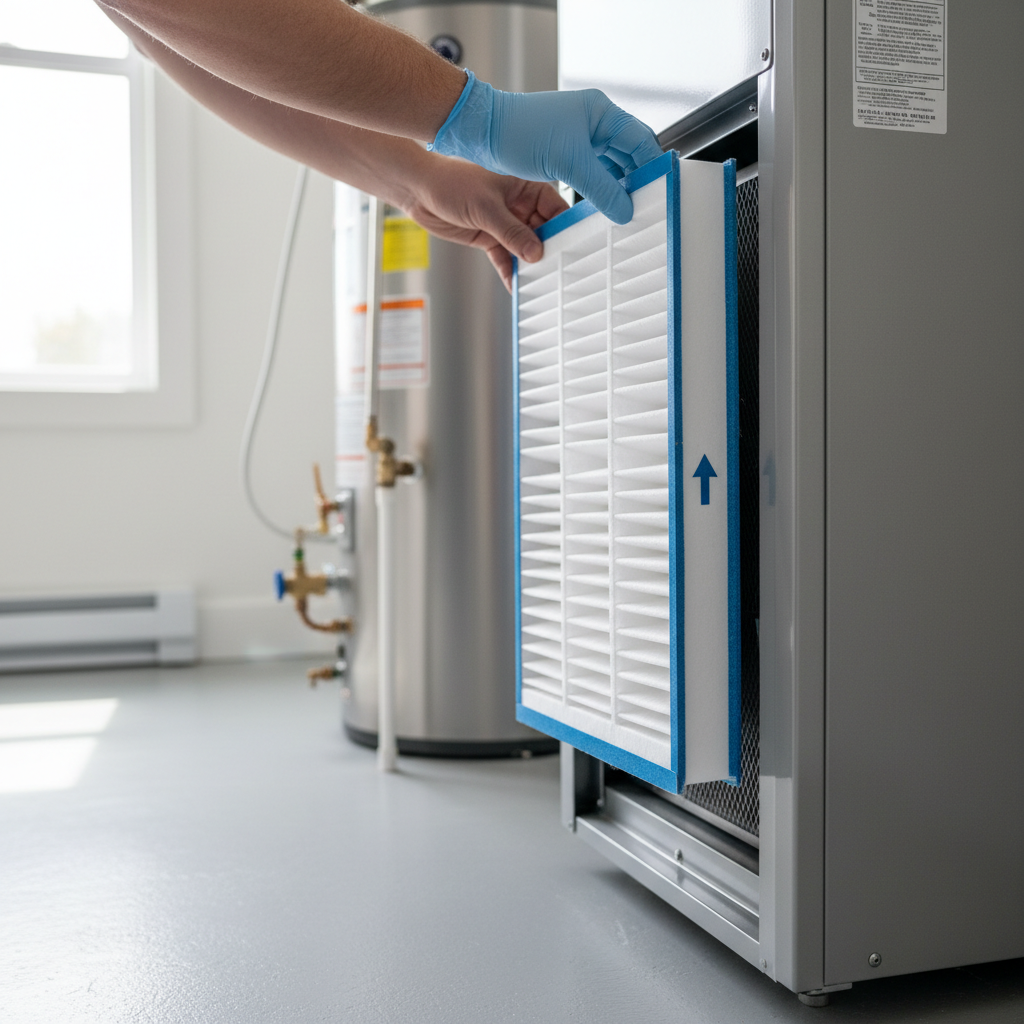 Homeowner's hands sliding a fresh air filter into a furnace during maintenance.