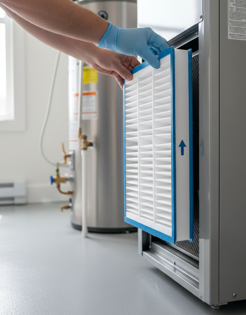 Homeowner's hands sliding a fresh air filter into a furnace during maintenance.