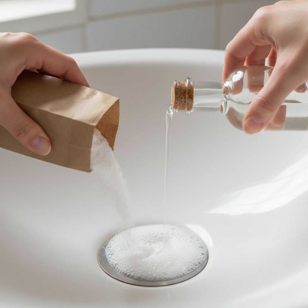 Hand pouring baking soda and vinegar into a white bathroom sink drain to remove odors.