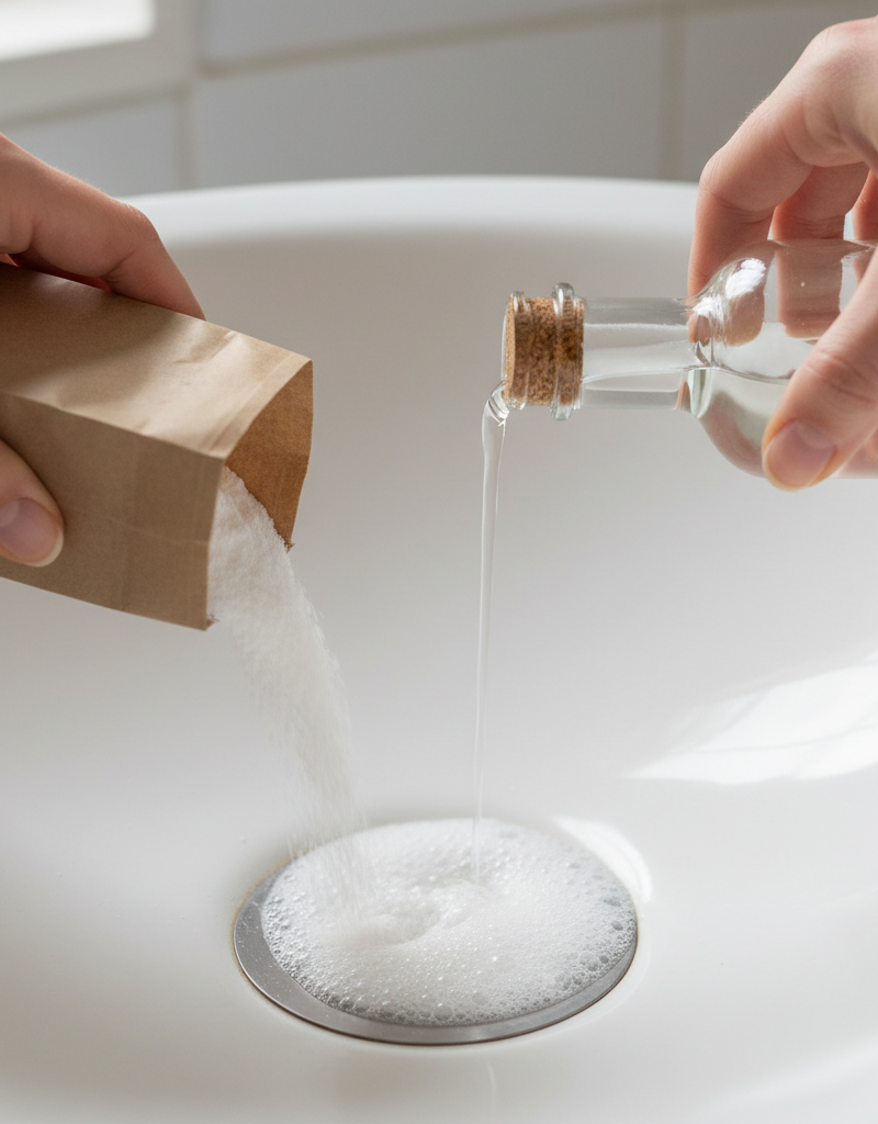 Hand pouring baking soda and vinegar into a white bathroom sink drain to remove odors.