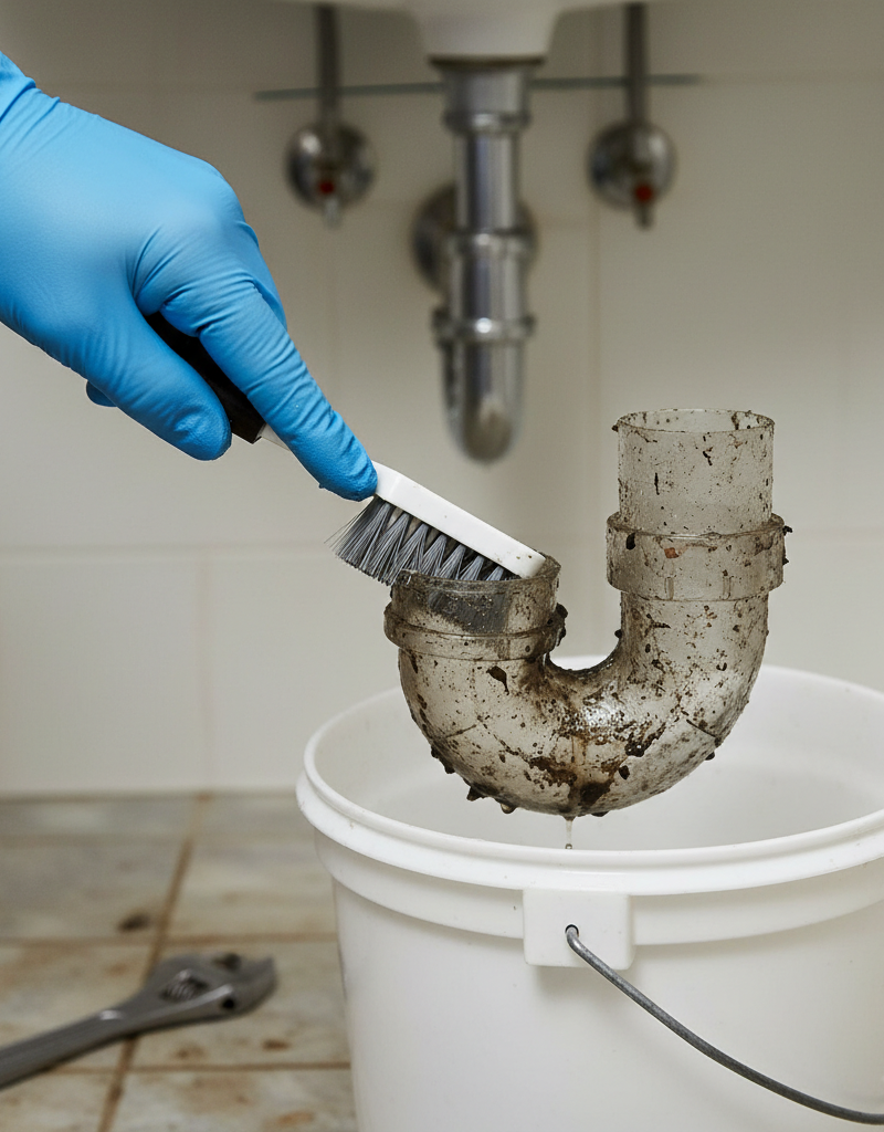 Person in gloves cleaning a dirty P-trap with a bottle brush under a bathroom sink.