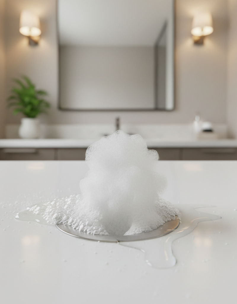 Baking soda and white vinegar fizzing in a clean bathroom sink drain, clearly demonstrating the cleaning reaction.