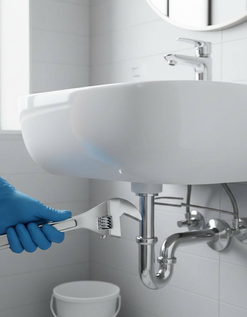 Person cleaning a bathroom sink P-trap to remove bad smells