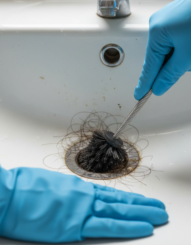 Gloved hands cleaning a bathroom sink drain pipe to remove odor-causing gunk and hair.