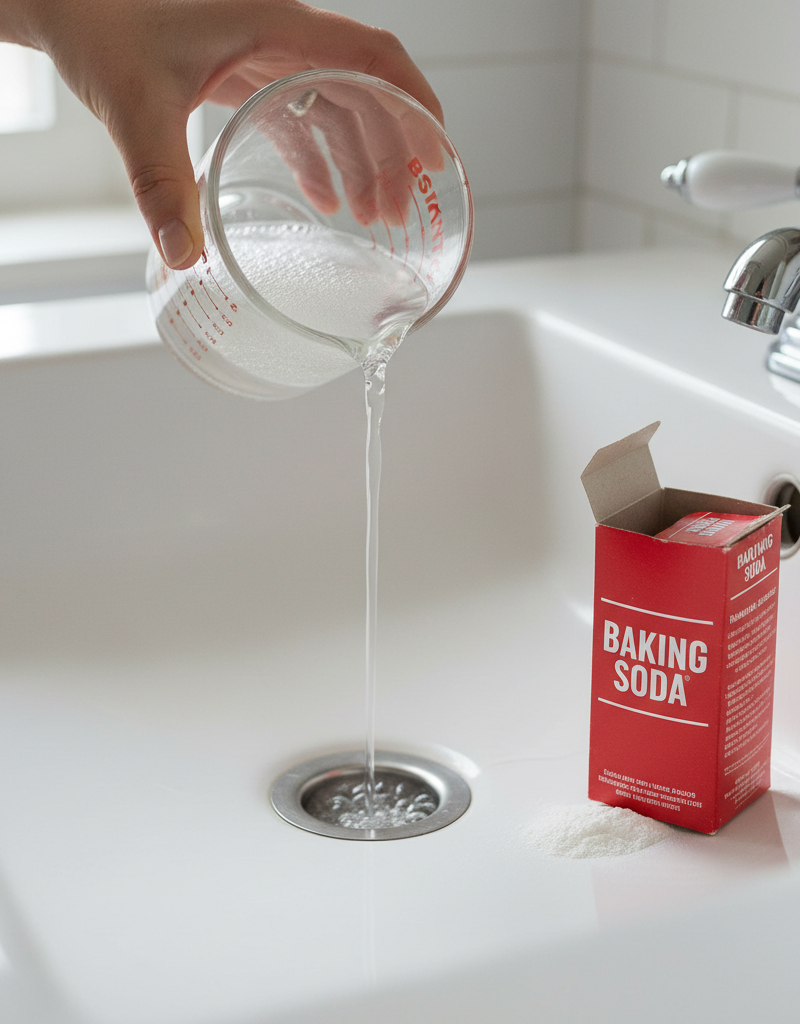 Person pouring white vinegar into a bathroom sink drain after adding baking soda to eliminate odors.