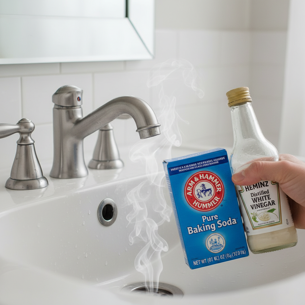 Hand pouring baking soda and vinegar into a smelly bathroom sink drain to eliminate odors.