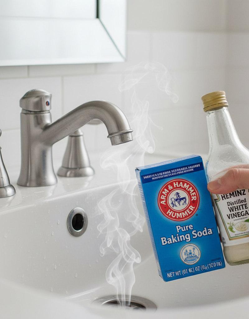 Hand pouring baking soda and vinegar into a smelly bathroom sink drain to eliminate odors.