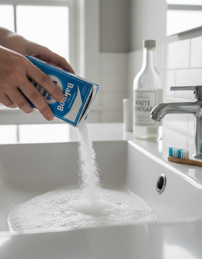 Homeowner pouring baking soda into a bathroom sink drain, with a bottle of white vinegar for cleaning