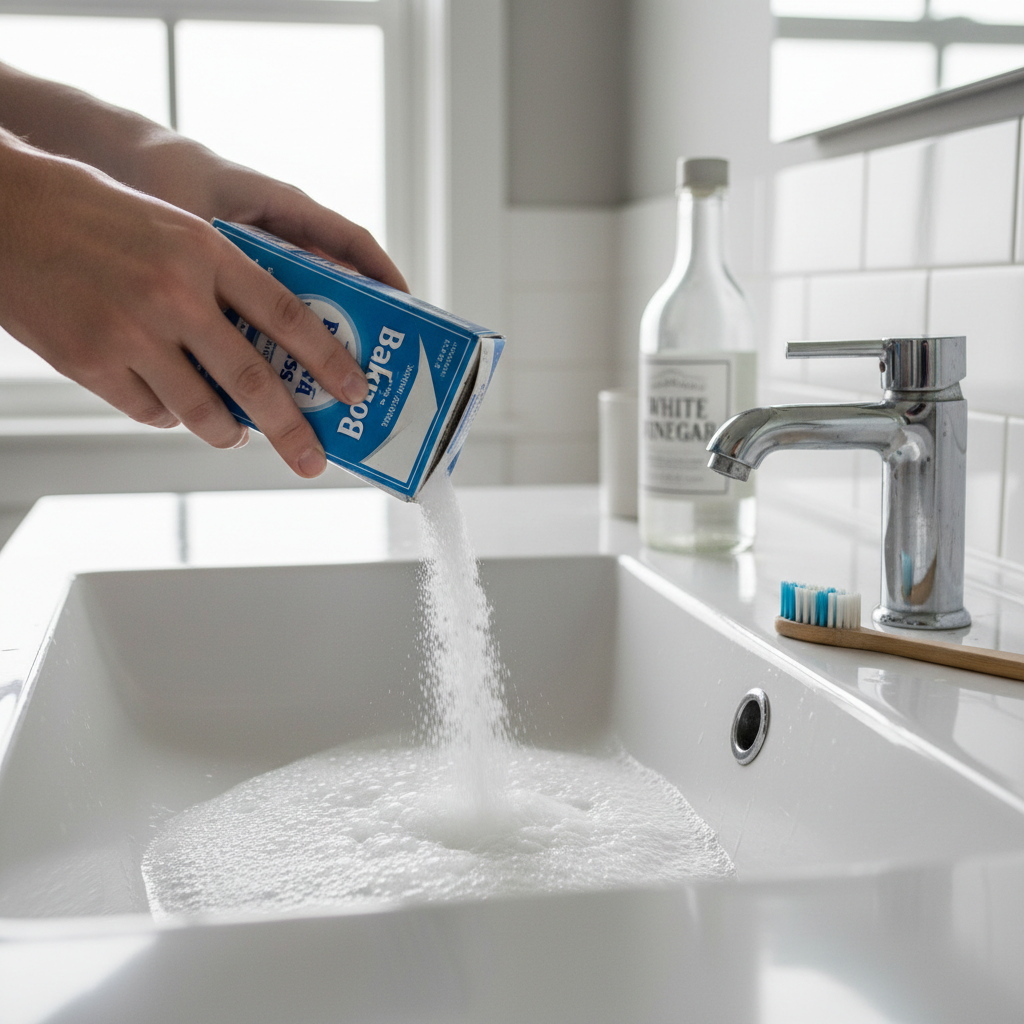 Homeowner pouring baking soda into a bathroom sink drain, with a bottle of white vinegar for cleaning