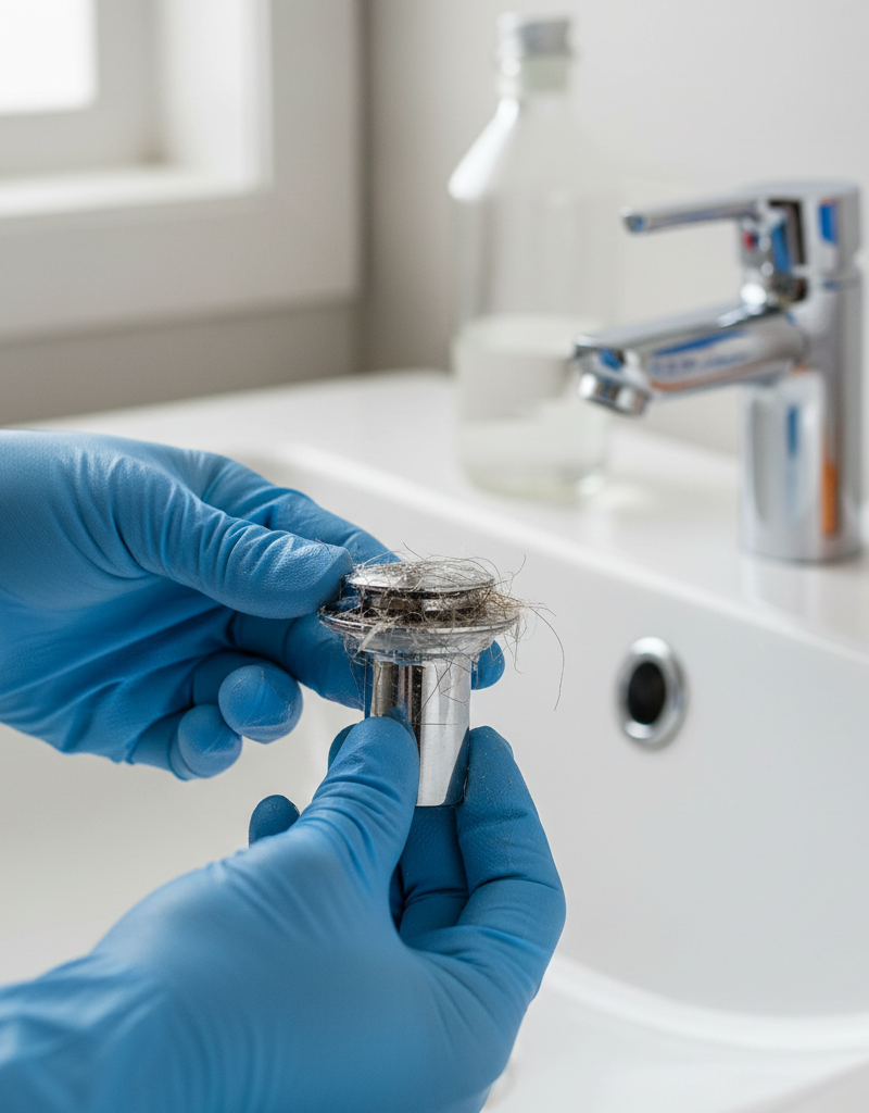 Gloved hands removing a gunk-laden pop-up stopper from a bathroom sink drain, with baking soda and vinegar visible.