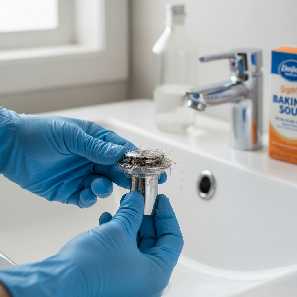 Gloved hands removing a gunk-laden pop-up stopper from a bathroom sink drain, with baking soda and vinegar visible.