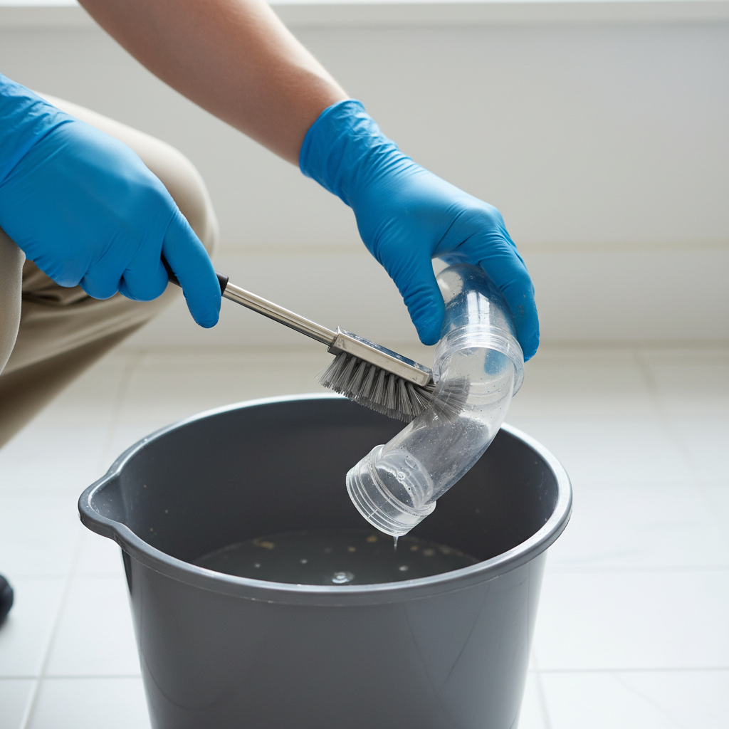 Homeowner cleaning a bathroom sink P-trap to remove odor-causing gunk