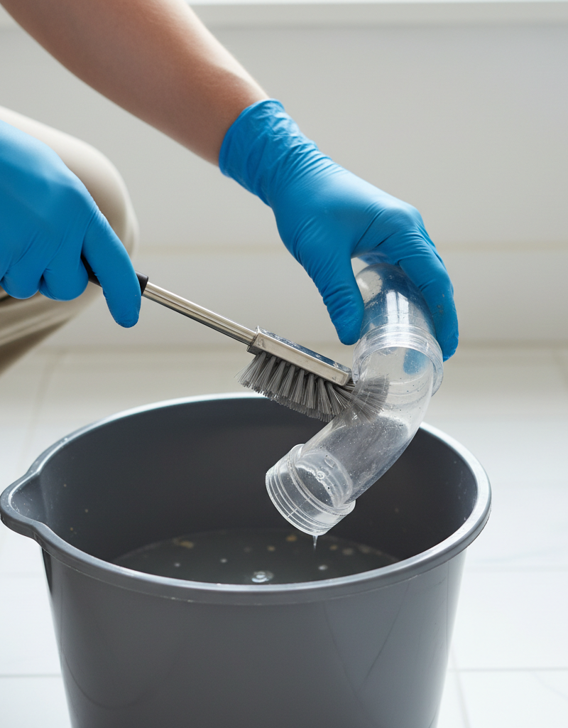 Homeowner cleaning a bathroom sink P-trap to remove odor-causing gunk