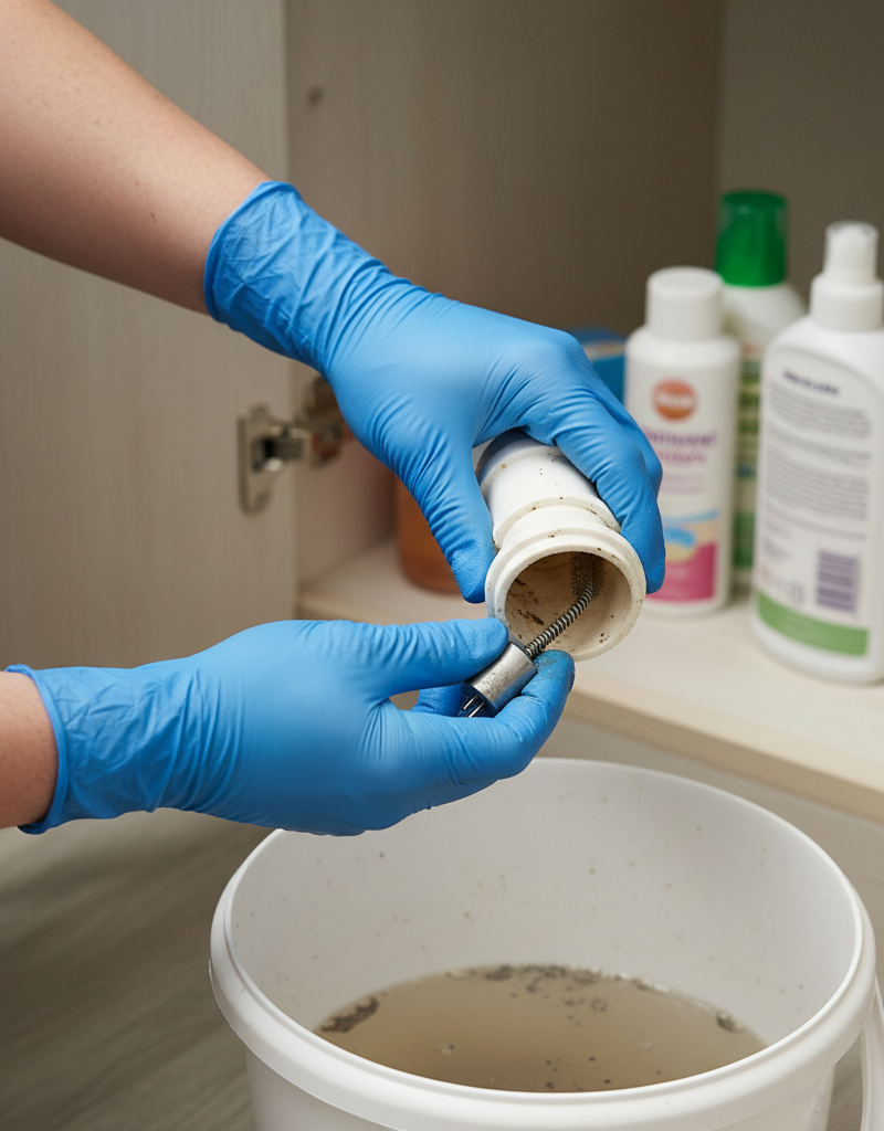 Person in gloves cleaning a dirty bathroom sink P-trap with a brush